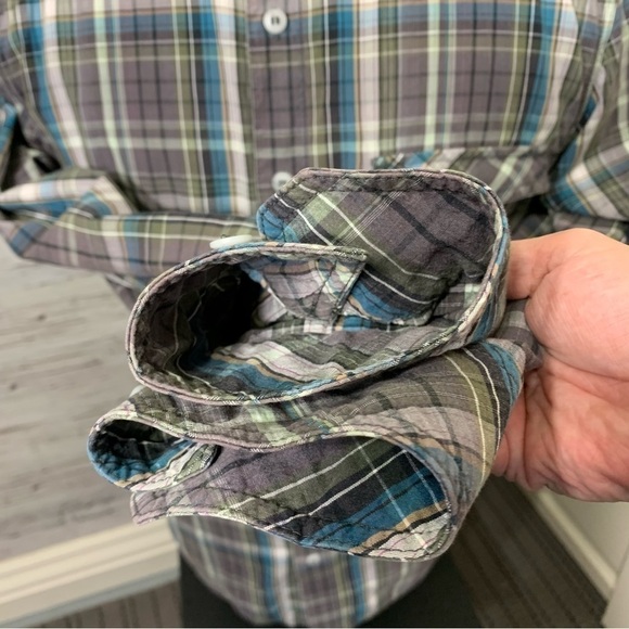MEC Hiking Shirt Sz L Plaid Gray Blue Organic Cotton Button Up Long Sleeve Gorp - Picture 9 of 13